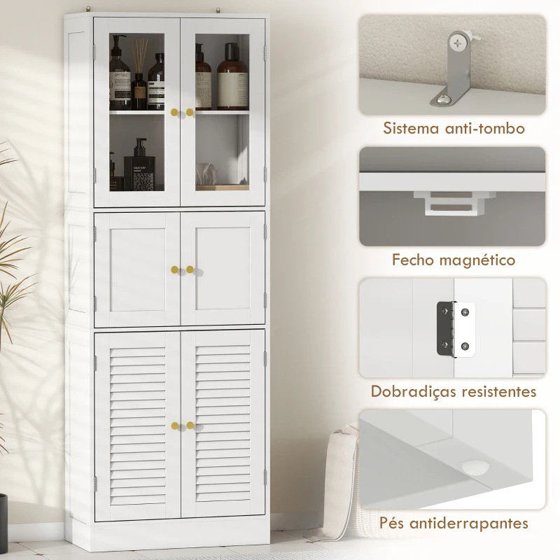 HOMCOM Armário de Casa de Banho Alto com Portas de Vidro Portas de Ripas e Prateleiras Ajustáveis 60x30x170 cm Branco