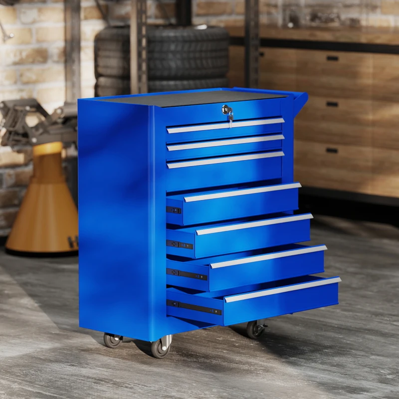 DURHAND Carrinho de Ferramentas com 7 Gavetas Carrinho de Oficina com Fechadura Pega 2 Rodas com Travão 69x33x75 cm Azul