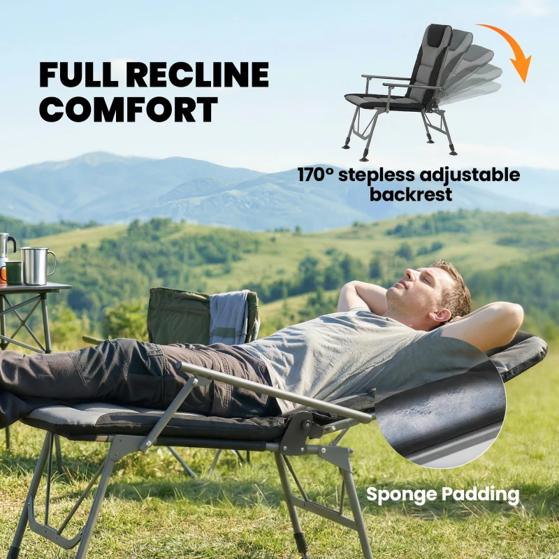 Outsunny Camping Chair Padded Reclining Folding Chair with Wide Armrests for Adults Black