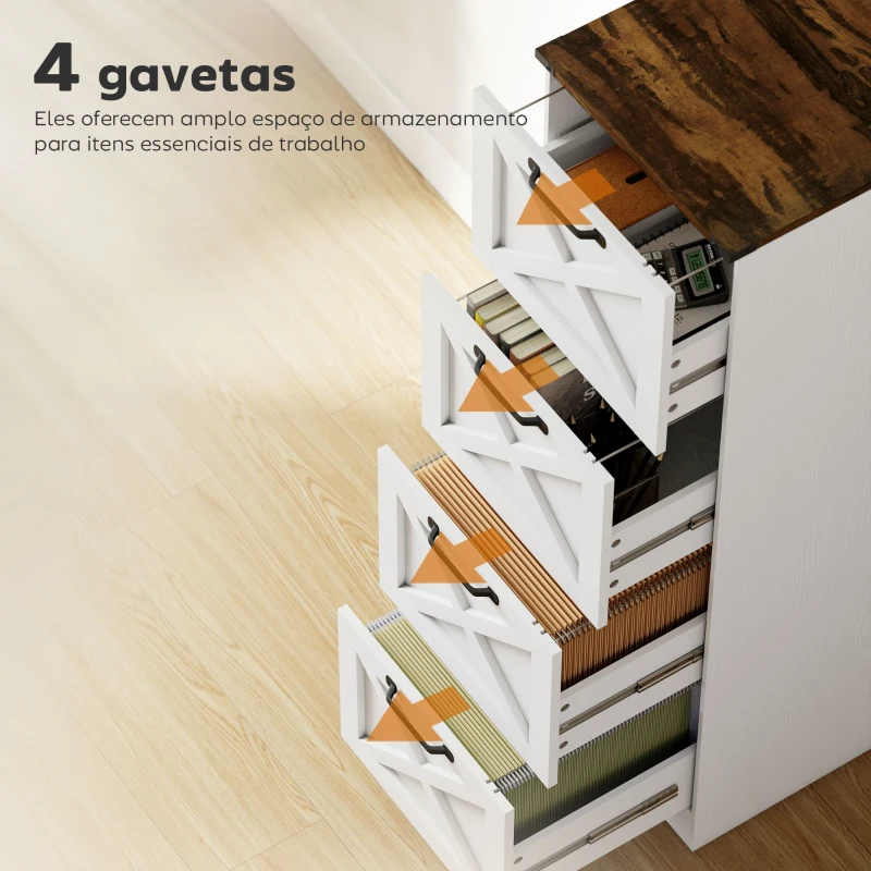HOMCOM Móvel para Escritório com 4 Gavetas com Trilho Suspenso para A4 e Carta 40x40x131 cm Branco