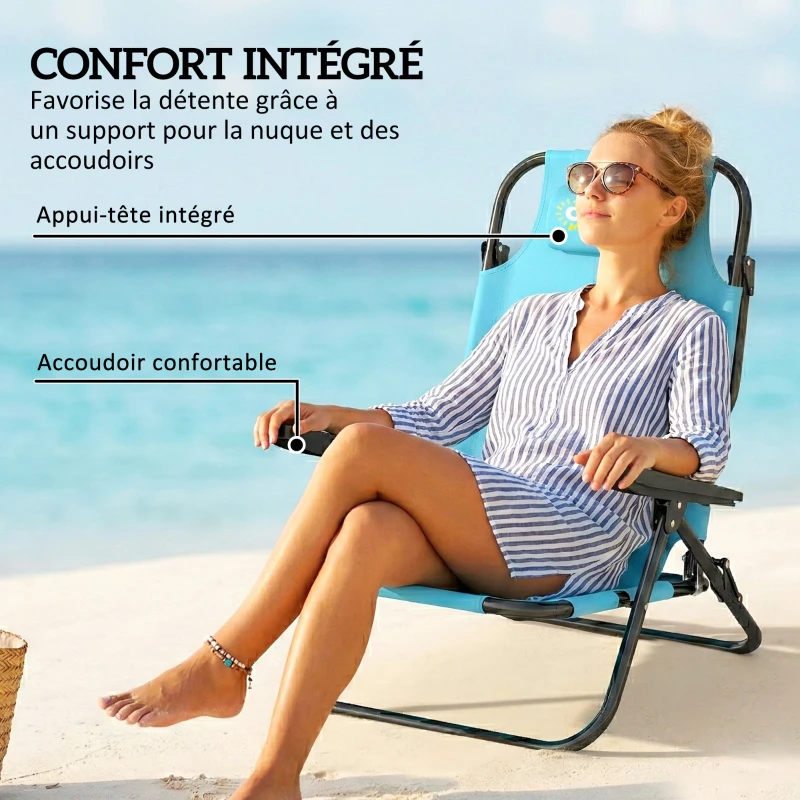 Outsunny Lot de 2 Chaises de Plage Pliable à 5 Positions avec Dossier, Appui-tête et Accoudoirs, 63x75x80cm, Bleu Clair