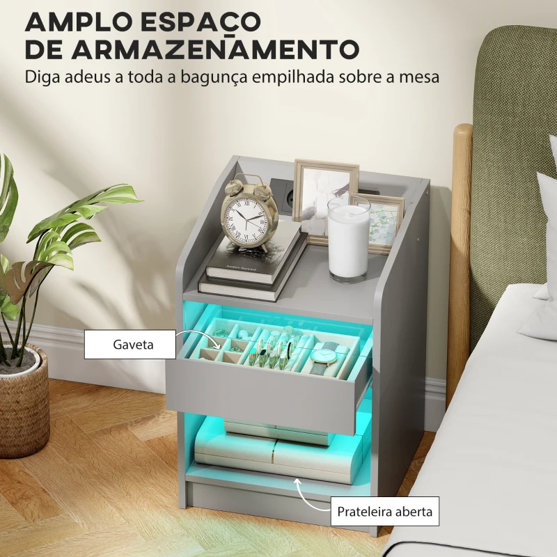 HOMCOM Mesa de Cabeceira com Luzes LED Gaveta Prateleira Estação de Carregamento Entrada USB e Controlo Remoto 40x40x58 cm Cinzento