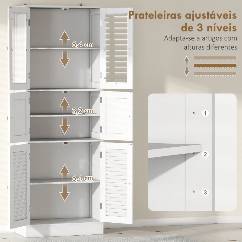 HOMCOM Armário de Casa de Banho Alto com Portas de Vidro Portas de Ripas e Prateleiras Ajustáveis 60x30x170 cm Branco