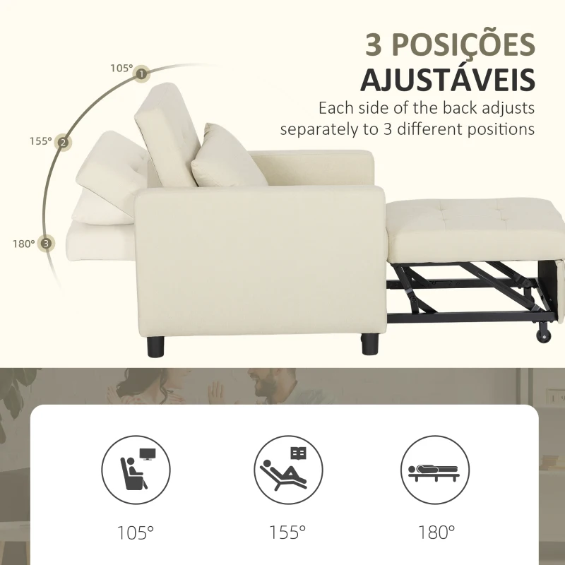HOMCOM Sofá Cama Individual Poltrona com 4 Rodas Encosto Reclinável Almofada Extra e Assento Acolchoado 69x82,5x84 cm Bege