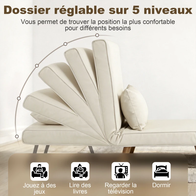 HOMCOM Fauteuil chauffeuse convertible 3 en 1 lit fauteuil lit 1 place dossier 5 positions en tissu avec coussin, crème