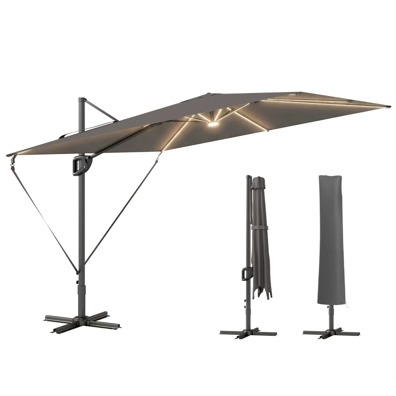 Outsunny 3 x 3 m Garden Cantilever Parasol w/ Light, Cover, UPF50+ Patio Umbrella w/ Wind Protection, 360° Rotation, Dark Grey