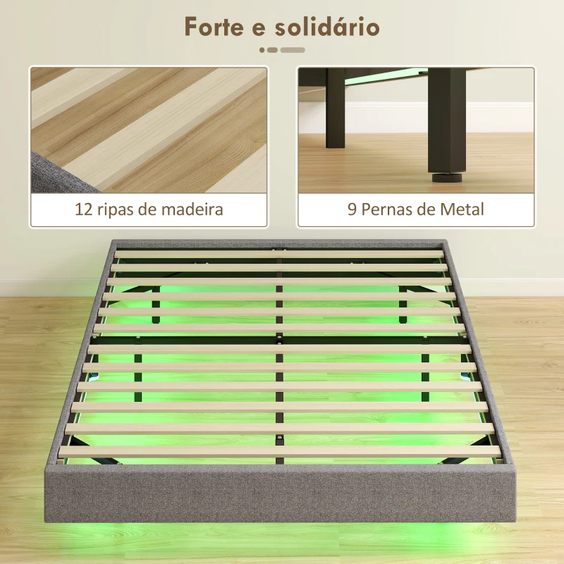 HOMCOM Cama 140x190 cm com Luzes LED Estofada em Linho Ripas de Madeira Silenciosa Fácil de Montar Cinzento