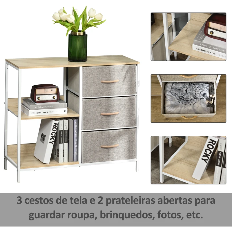HOMCOM Cómoda de Estilo Industrial com Gavetas de Tecido Dobráveis e 2 Prateleiras 80x29x71 cm Madeira e Cinza Claro