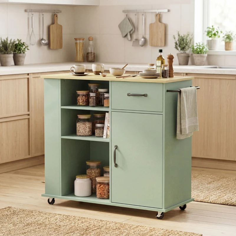 HOMCOM Carrito de cocina con ruedas, isla central de cocina con cajón, puerta, compartimentos abiertos y porta-especias, verde