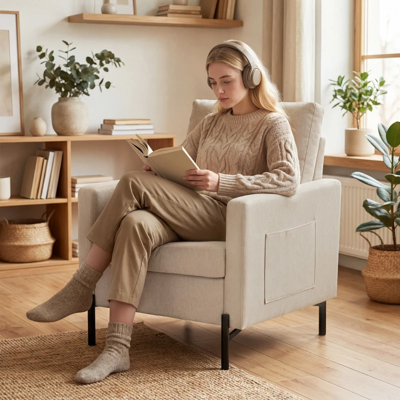 HOMCOM Fauteuil de salon, canapé 1 place rembourré avec accoudoirs, assise large et pieds en acier, 73 x 77 x 87 cm, beige