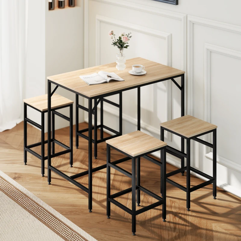 HOMCOM Ensemble Table de Bar Industriel + 4 tabourets Repose-Pieds en Bois couleur Chêne Clair Cadre en métal Noir