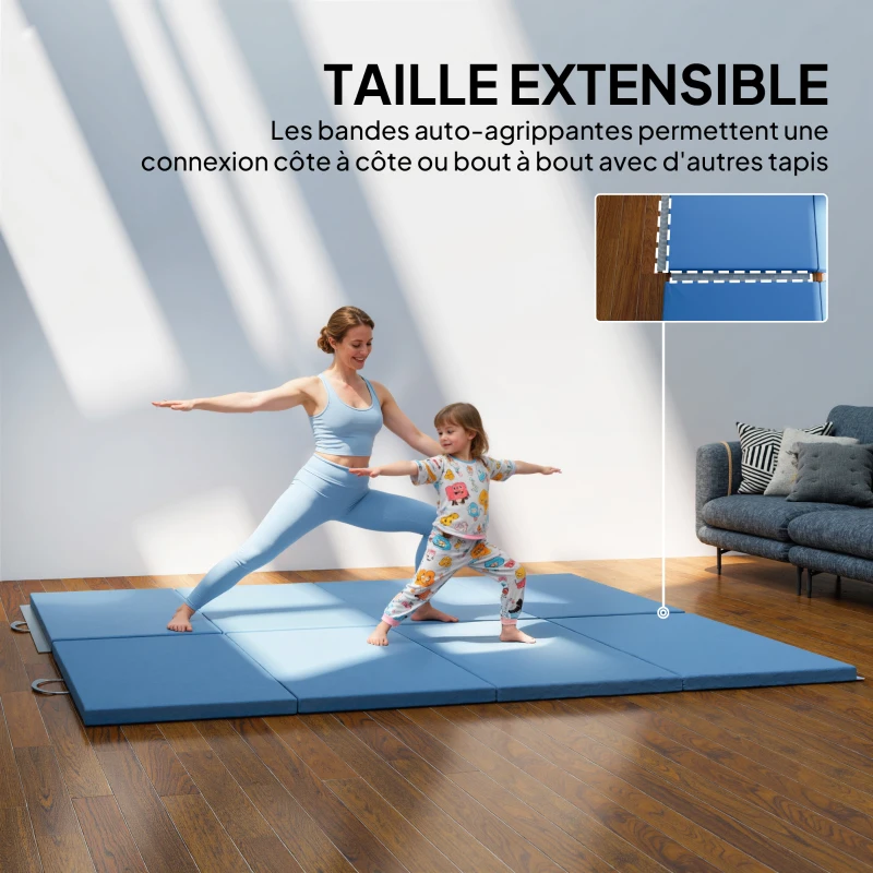 HOMCOM Tapis de gymnastique yoga pilates fitness pliable en 4 avec poignées revêtement synthétique 240 x 120 x 5 cm bleu clair