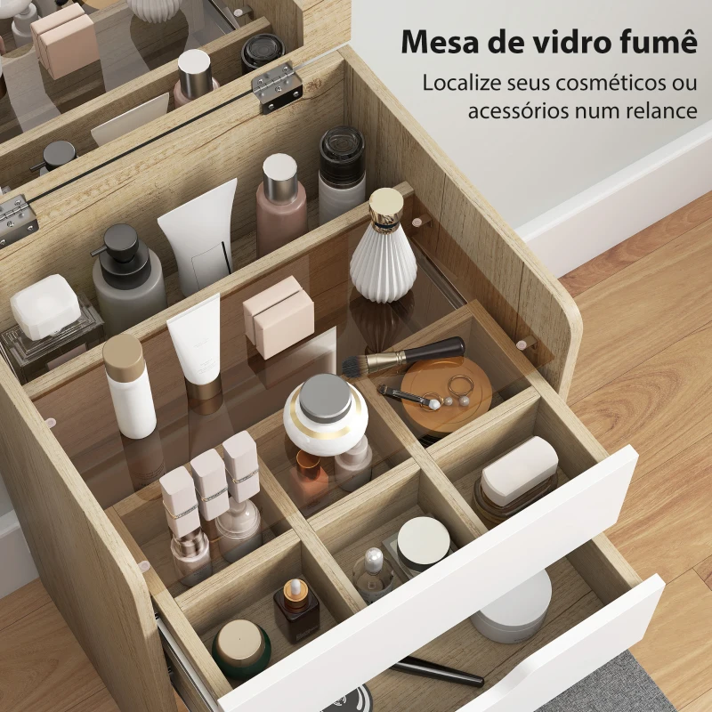 HOMCOM Toucador de Maquilhagem 3 em 1 com Espelho Rebatível 3 Gavetas e Banco Acolchoado 50x40x78 cm Carvalho e Branco