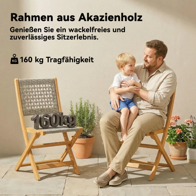 Outsunny Gartenstühle 2 Stück FSC Klappstuhl mit Atmungsaktiv Sitz angenehme Sitzhöhe aus Massivholz & Polyrattan