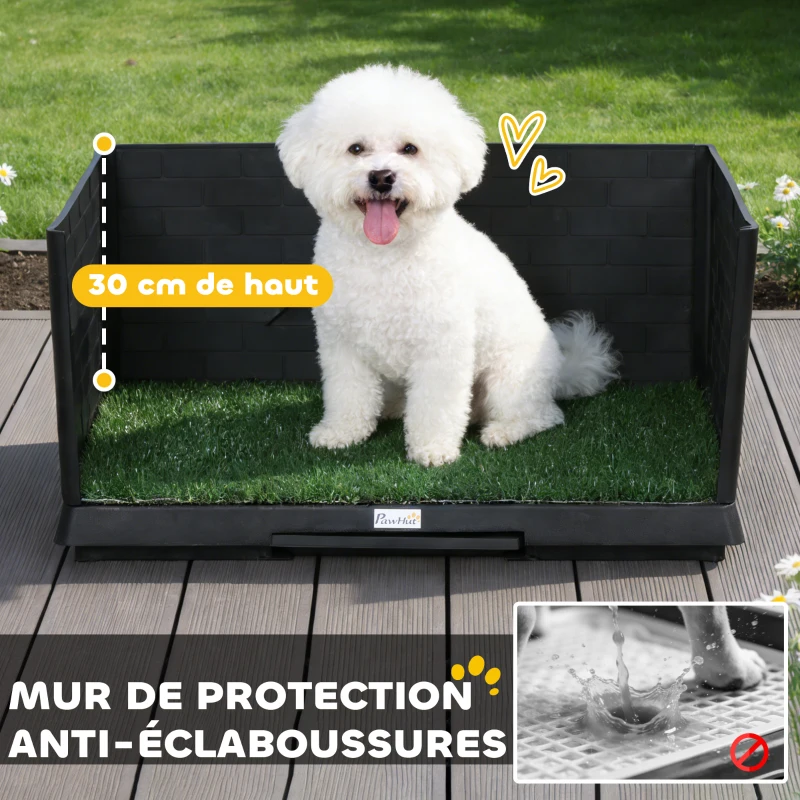 PawHut Toilette pour Chien avec Gazon Artificiel, Parois Hautes et Plateau Coulissant, Système de Drainage, 75x51x36,5cm, Noir
