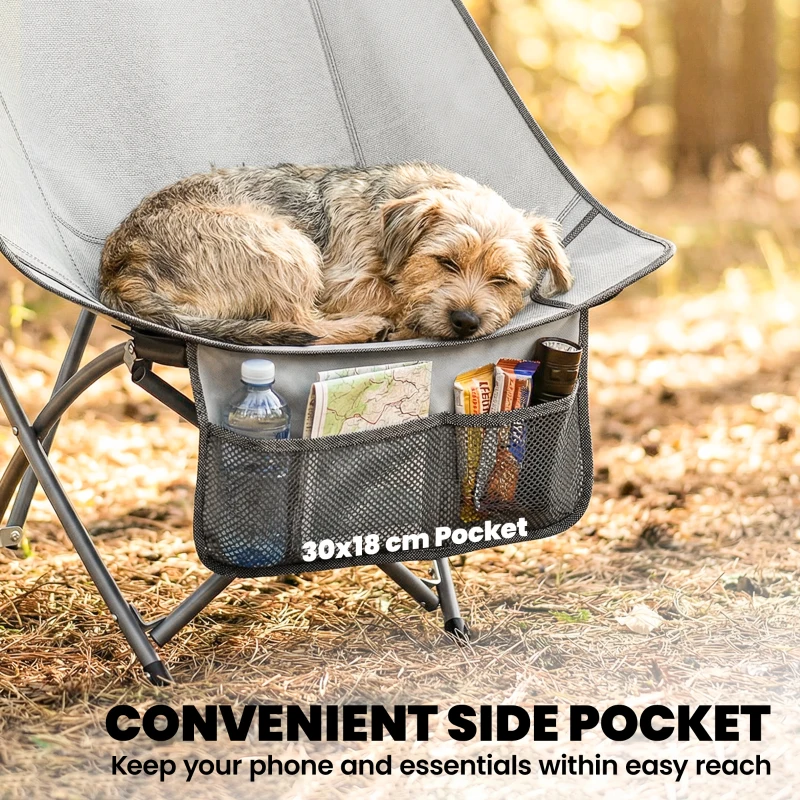 Outsunny Camping Chair for Adults Heavy Duty Folding Camp Chair with Side Pocket and Carry Bag Light Grey