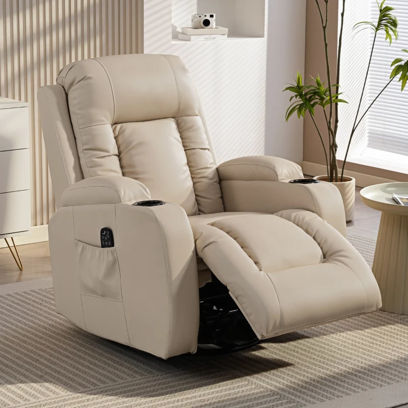 HOMCOM Fauteuil inclinable de massage et chauffage, fauteuil de relaxation, dossier réglable, pivotant 360°, 82x99x103cm, crème
