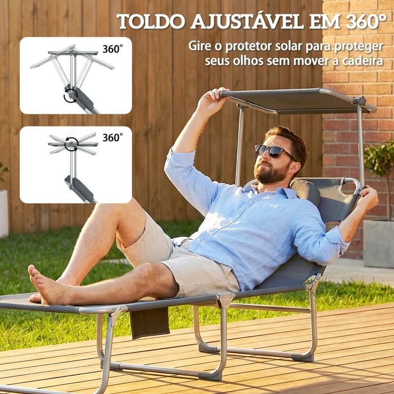 Outsunny Conjunto de 2 Espreguiçadeiras Dobráveis com Dossel 360° Encosto 5 Posições Orifício Facial 188x56x27 cm Cinza Escuro