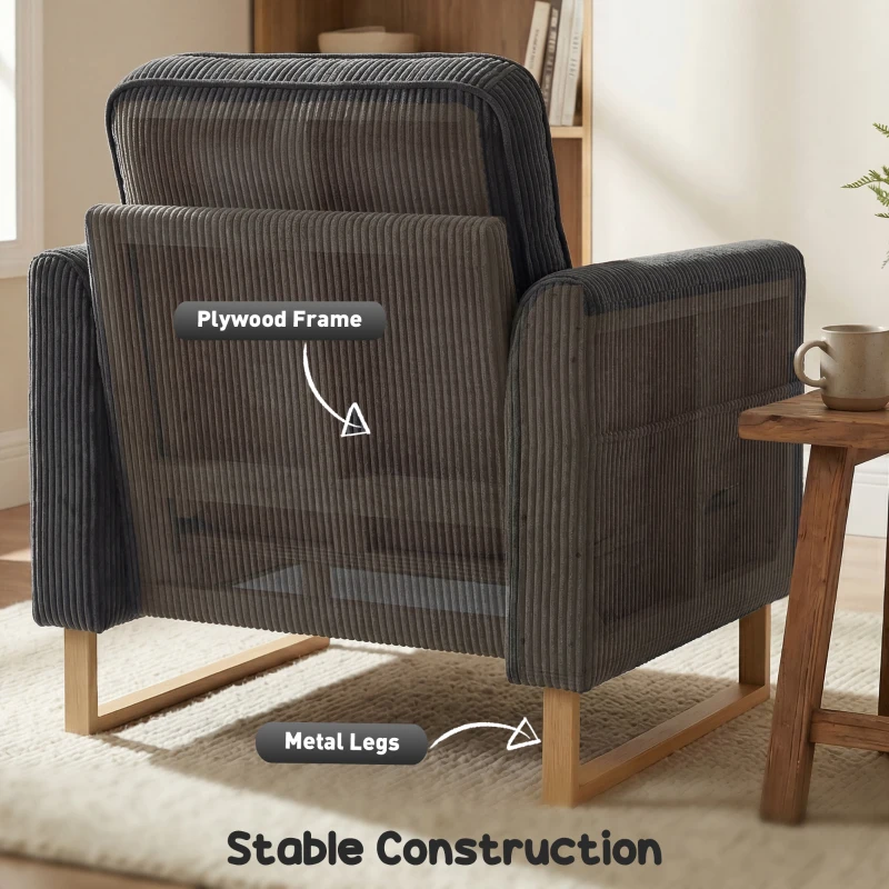 HOMCOM Accent Chair with Pocket Spring, Modern Industrial Armchair with Metal Legs for Livingroom Dark Grey