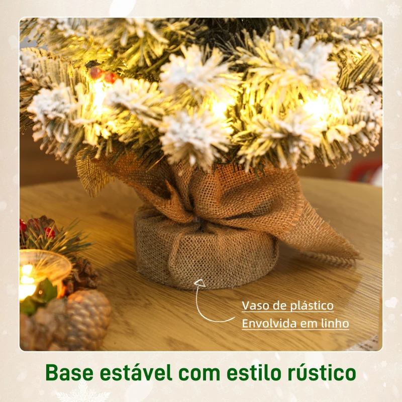 HOMCOM Mini Árvore de Natal Artificial com 35 Luzes LED 60 cm com 72 Ramos com Neve Pinhas Bagas e Base de Saco de Juta Ø37x60 cm Verde