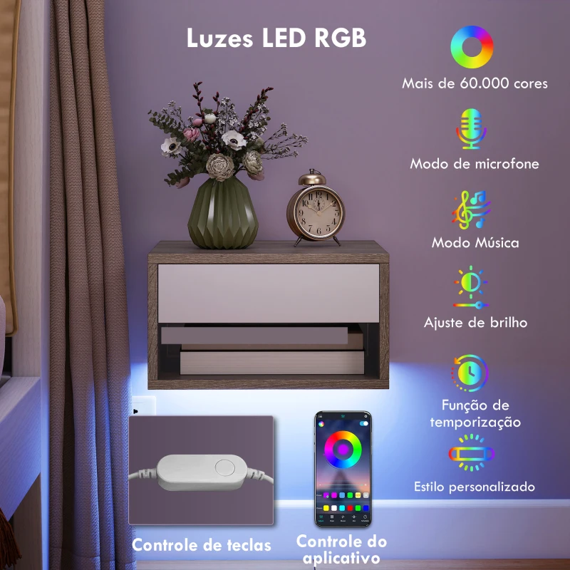 HOMCOM Conjunto de 2 Mesas de Cabeceira Flutuantes com Luzes LED RGB Controlo por APP e Prateleira Aberta 37x32x21 cm Madeira e Branco