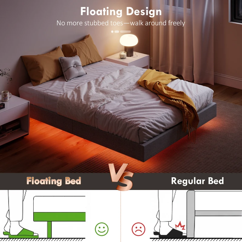 HOMCOM Cama 140x190 cm com Luzes LED Estofada em Linho Ripas de Madeira Silenciosa Fácil de Montar Cinzento