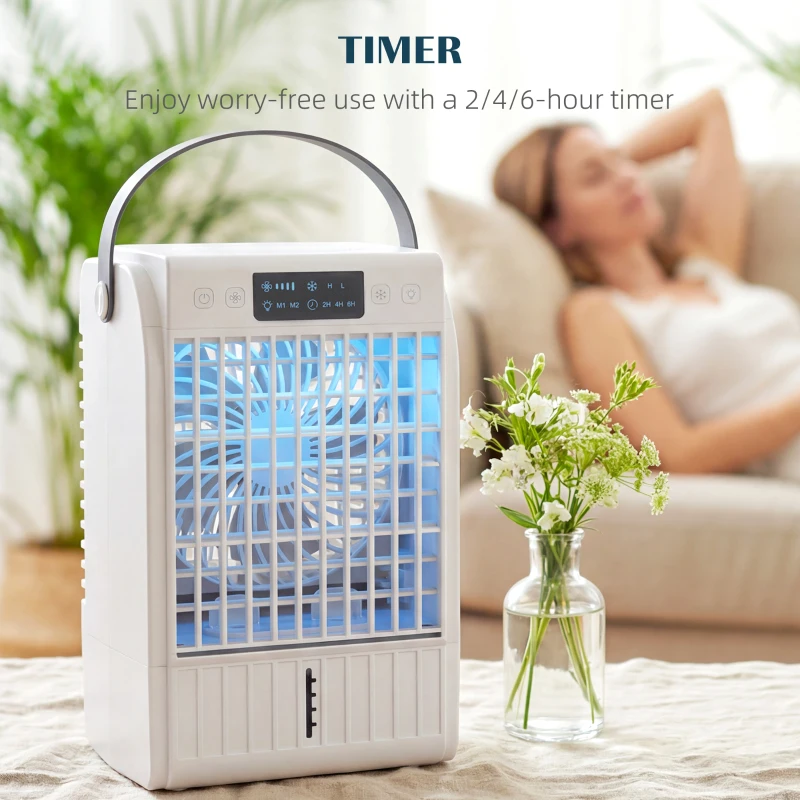 HOMCOM Portable Air Conditioner, 4-in-1 Mini Air Cooler with 4 Wind Speed, 2 Cool Mist, RGB 7 LED Light, White