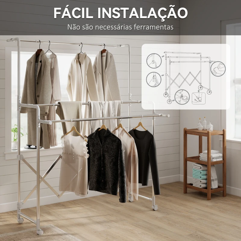 HOMCOM Estendal Vertical Dobrável de 3 Níveis Estendal de Aço Inoxidável com 3 Barras Ajustáveis e Extensíveis 4 Rodas 104-150x103x145-197 cm Prateado