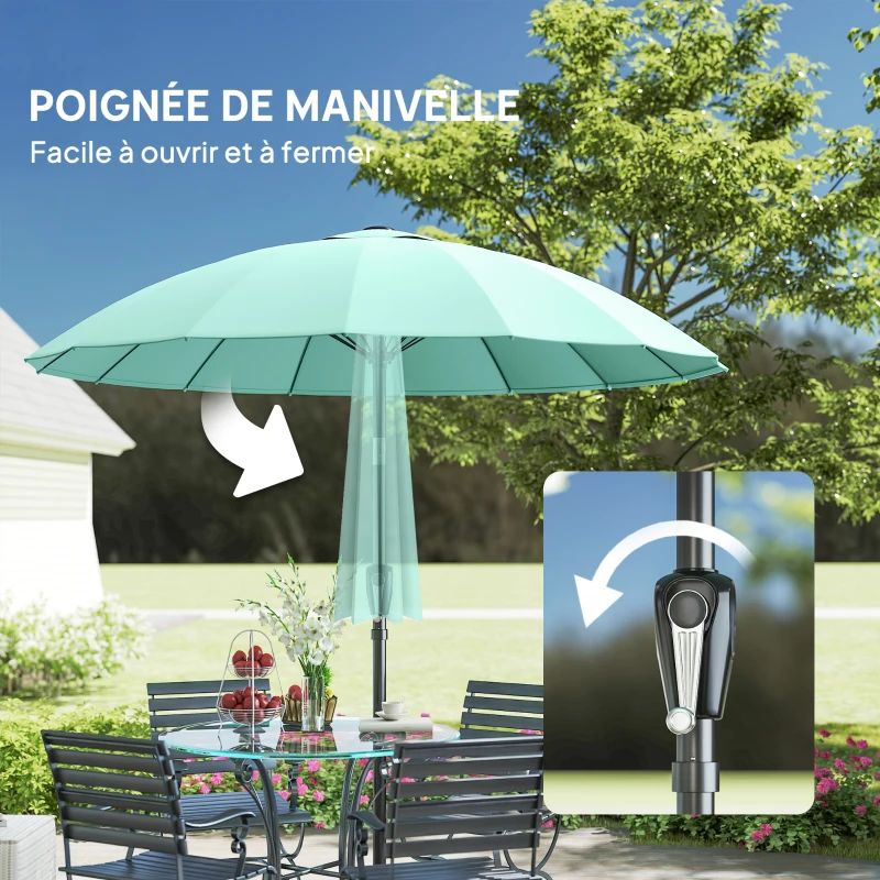 Outsunny Parasol de jardin extérieur rond 2 m parasol inclinable avec ouverture fermeture manivelle 16 baleines, turquoise