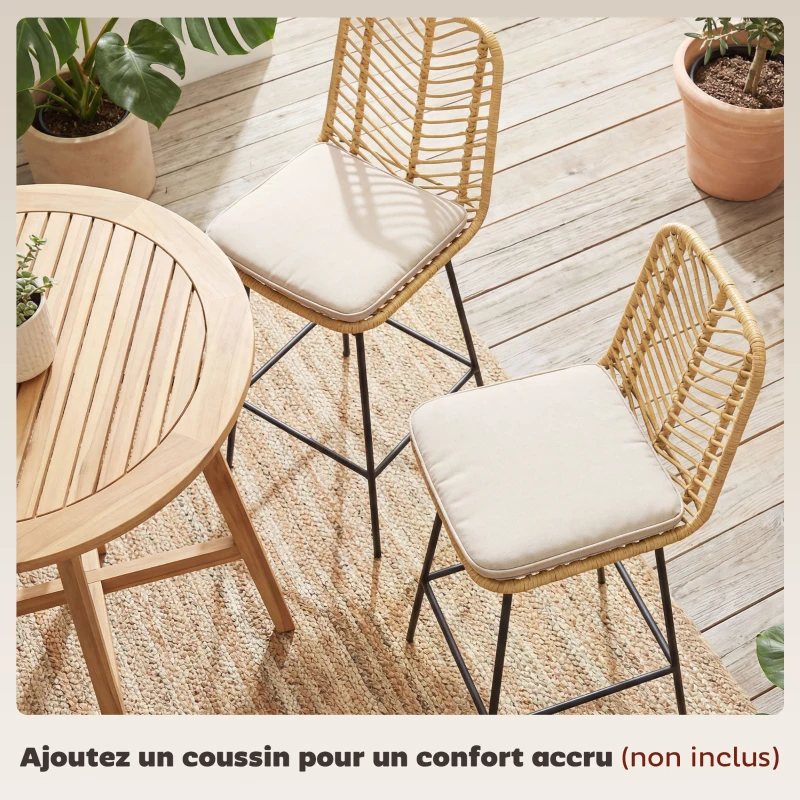 HOMCOM Lot de 2 tabourets de bar design bohème Hauteur 66 cm avec repose-pieds métal et rotin PE - naturel