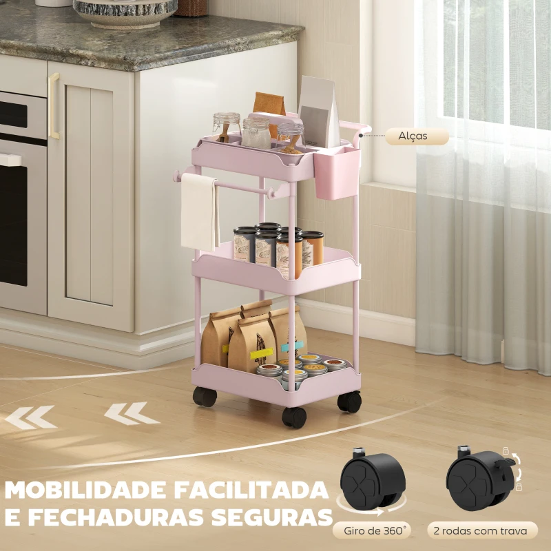 HOMCOM Carrinho Auxiliar com Rodas de 3 Níveis com Cestos Extraíveis Suporte para Toalhas e Estrutura de Metal 42x42,5x76 cm Rosa