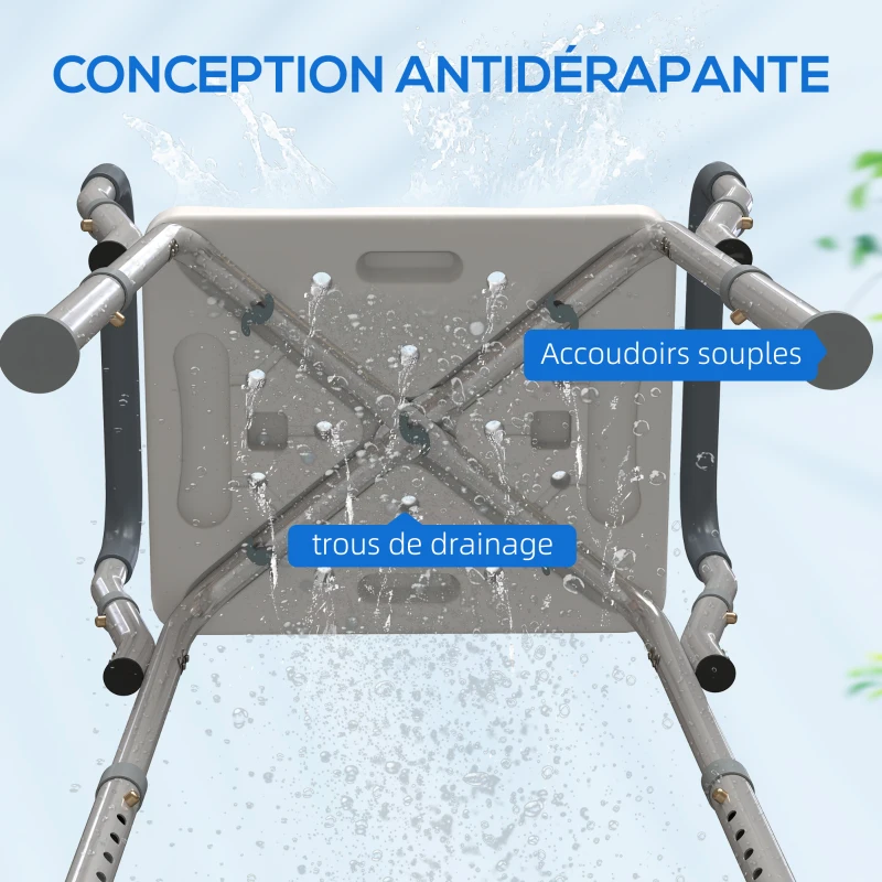 HOMCOM Tabouret de douche pour personnes âgées et handicapées avec accoudoirs, hauteur réglable, patins antidérapants, bleu