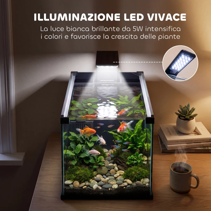 PawHut Acquario, 24L in Vetro Temperato con Filtro, Luce LED e Pompa dell'Acqua