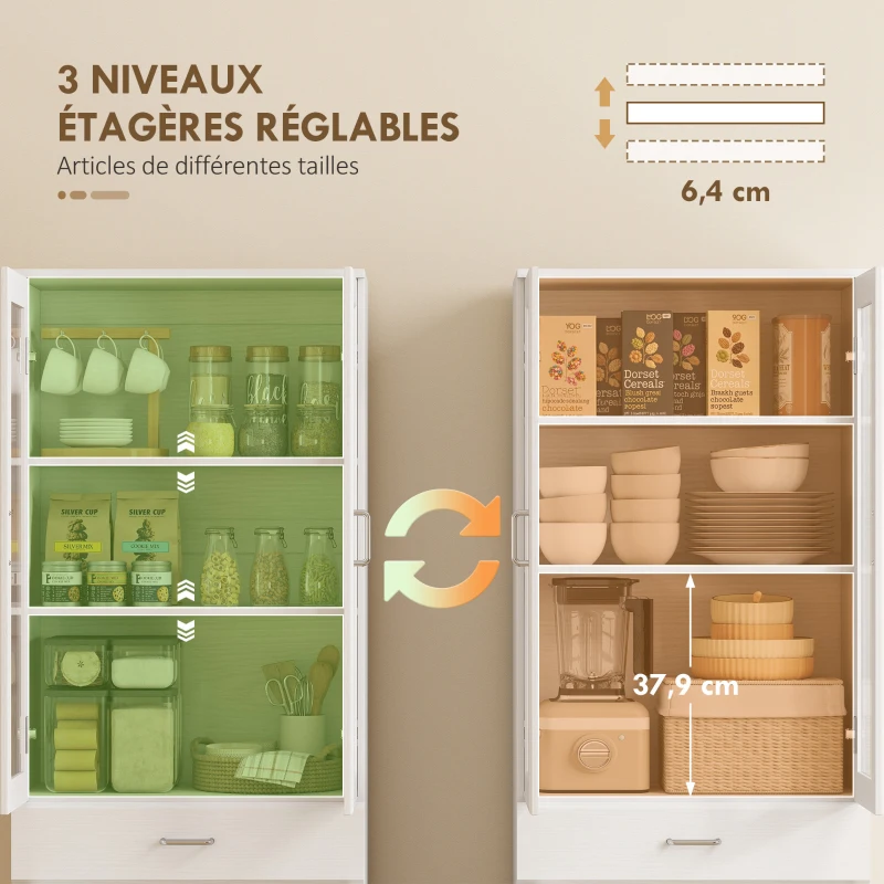 HOMCOM Buffet haut cuisine, armoire de cuisine, 4 portes dont 2 en verre, tiroirs, étagères réglables, 60x35x180cm, blanc
