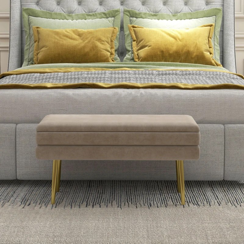 HOMCOM Banco Pé de Cama 30L Banco com Armazenamento para Dormitório Estofado em Veludo 79,5x37,5x43 cm Bege