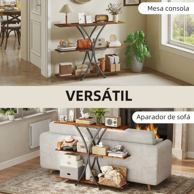 HOMCOM Mesa Consola de 3 Níveis Estilo Industrial com 2 Prateleiras Abertas e Estrutura Metálica em X Consola Estreita 110x30x91 cm Castanho Rústico
