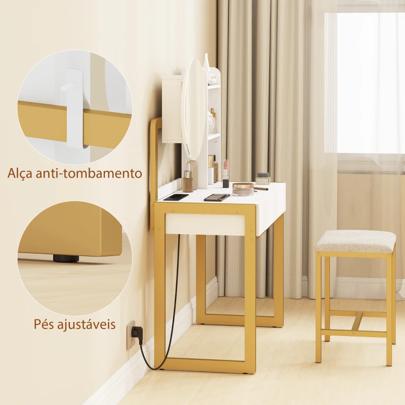 HOMCOM Toucador de Maquilhagem com Espelho e Banco Acolchoado Estação de Carregamento 2 Gavetas 3 Prateleiras para Quarto Branco