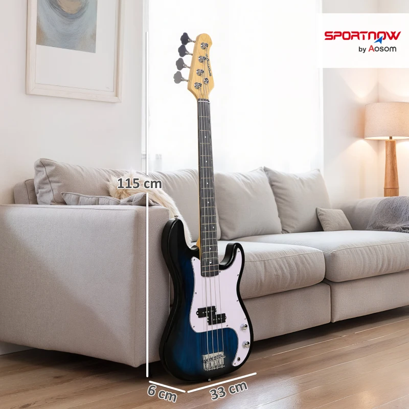 SPORTNOW Chitară Bas Electrică cu 4 Corzi, Amplificator 15W, Husă, Curea și Pene, Culoare Albastru Închis