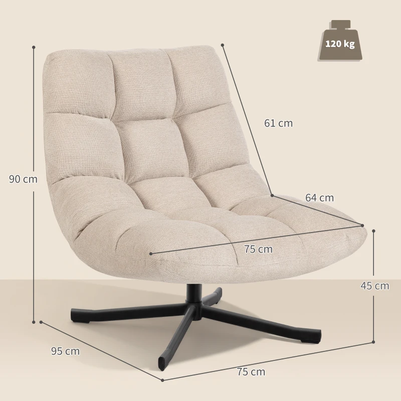 HOMCOM Poltrona Giratória Moderna Poltrona de Sala de Estar com Base de Cruz Estofada em Chenille Impermeável Assento Extra Largo e Pernas de Aço Poltrona Relax para Sala de Estar Quarto 75x95x90 cm Creme