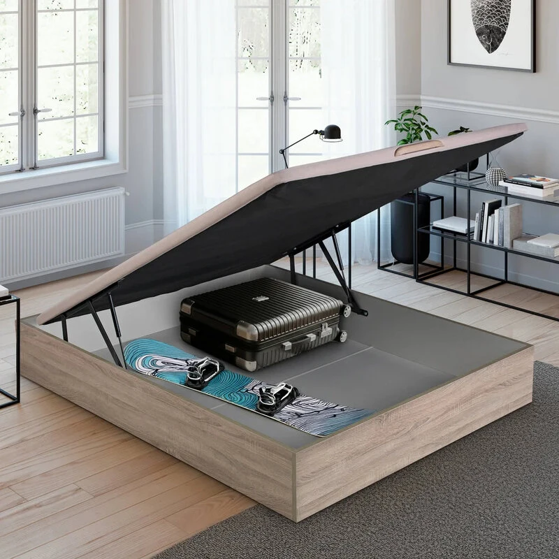 Canapé abatible con gran capacidad de almacenaje y apertura hidráulica – 90x190 cm, madera natural