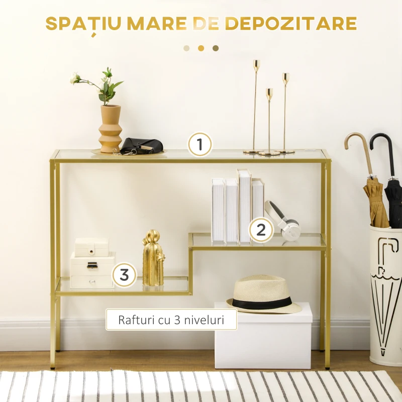 HOMCOM Consola aurie, Masuta de cafea din sticla temperata 100 cm, Masa pentru hol cu rafturi de depozitare, Cadru din otel pentru sufragerie, Hol