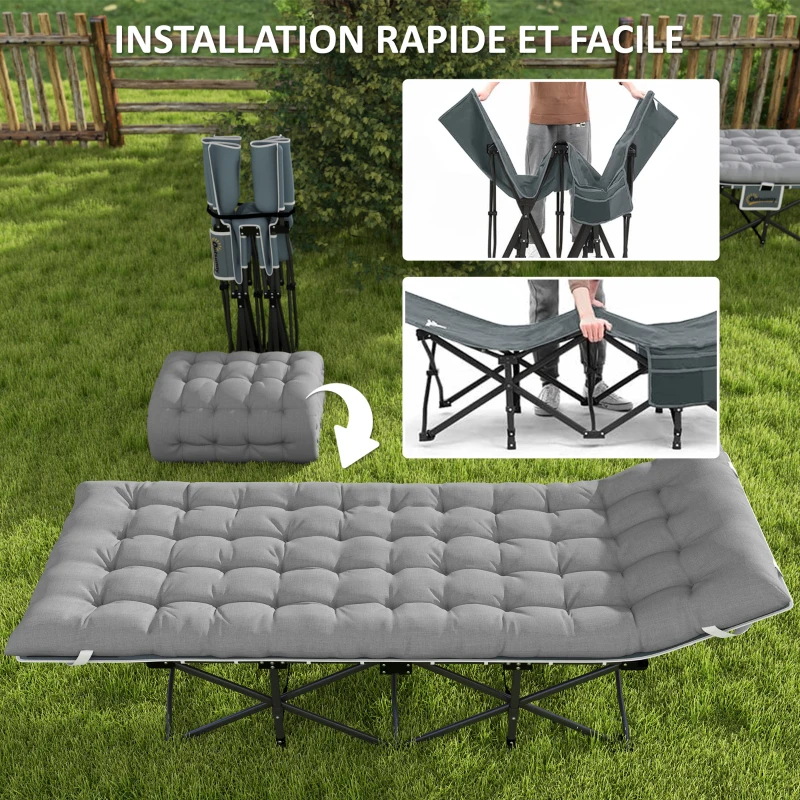 Outsunny Lit de camping pliable avec matelas, Lit de Camp Pliant, pochette latérale et sac intégré, 185 x 68 x 37 cm, gris clair