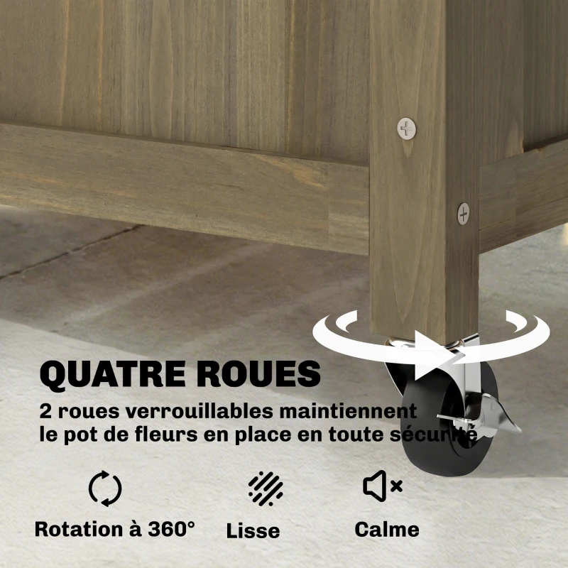 Outsunny Jardinière avec treillis en acier, bac à fleurs sur roues verrouillables en bois, 72 x 36 x 168 cm, Finition Carbonisée