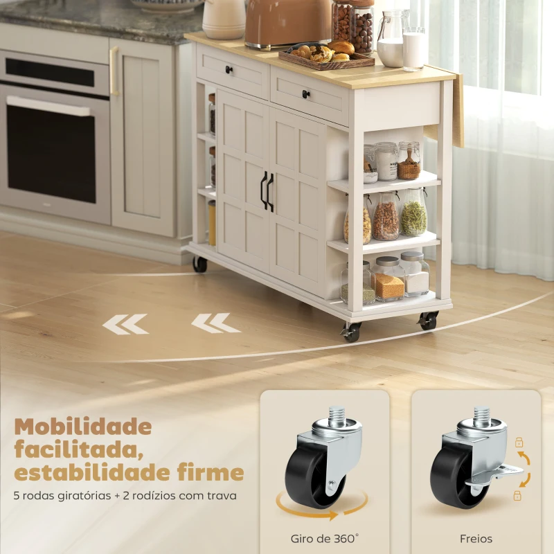 HOMCOM Ilha de Cozinha com Rodas Bancada Dobrável 2 Portas com Fecho Suave 2 Gavetas 6 Prateleiras Abertas 120x65x89 cm Branco
