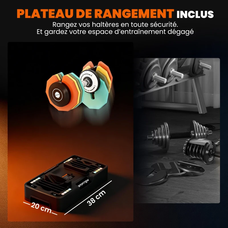 SPORTNOW Haltère réglable 5 à 25 kg avec base de rangement 5 niveaux de poids, poignée antidérapante disques d'haltères octogones