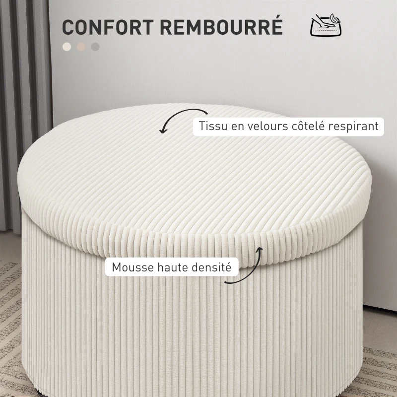 HOMCOM Pouf coffre rangement, tabouret rond, pouf repose-pieds en velours côtelé, charge 120 Kg, Ø 60 x 41 cm, beige
