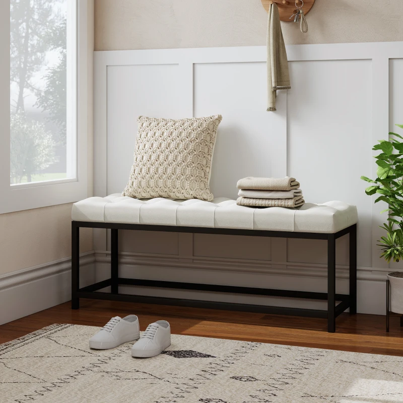 HOMCOM Banco aos Pés da Cama Estofado em Veludo Design Capitonê Base de Metal Banco para Quarto Entrada Sala 117x40x48 cm Creme