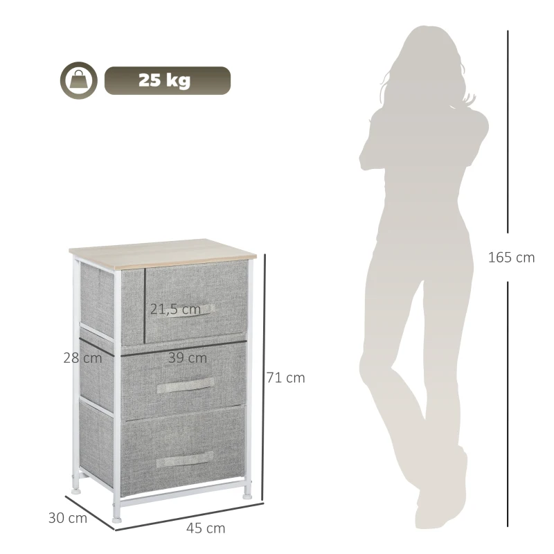 HOMCOM Mesa de Cabeceira com 3 Gavetas de Tecido para Dormitório Sala de Estar Corredor 45x30x71 cm Cinza e Branco