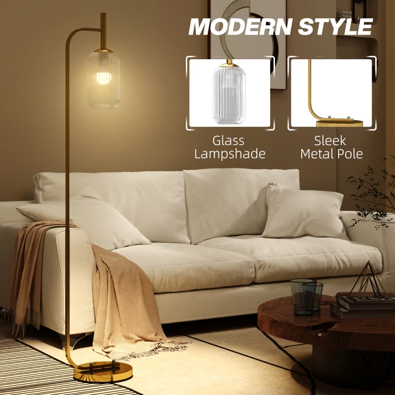 HOMCOM LED Floor Lamp for Living Room with Glass Lampshade, Modern Standing Lamp with Foot Switch, Adjustable Brightness, 2700K for Bedroom, Gold Tone