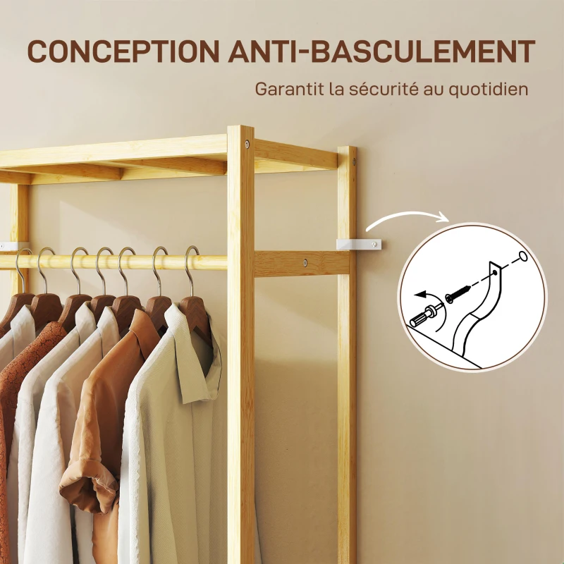 HOMCOM Portant à vêtements à roulettes, porte-manteau en bambou avec 2 étagères et tringle suspendue, 70x35x175cm, bois naturel